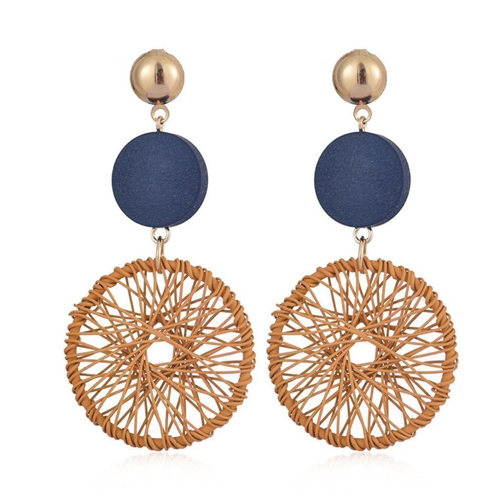 Retro Style Wooden and Wire Woven Disc Marigold Yellow and Blue Drop Earrings